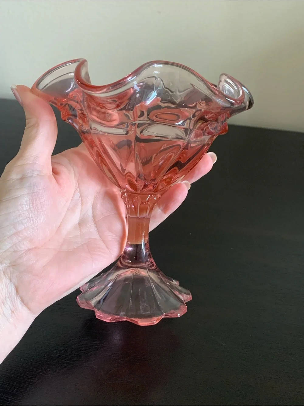 1970s Fenton Glass Valencia Colonial Pink Ruffled Pedestal Compote Candy Dish